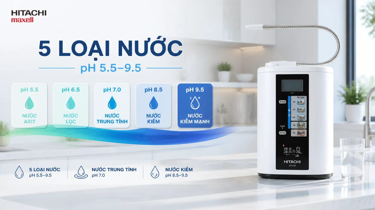 Máy lọc nước ion kiềm Hitachi Maxell ATZ-01 14 5 loại nước với dải pH 5.5 đến 9.5 dùng linh hoạt hằng ngày