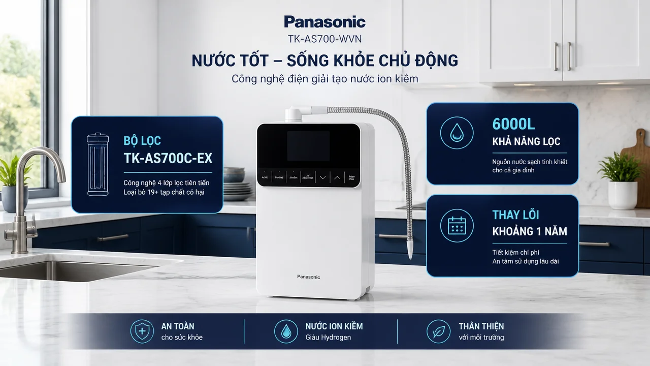 Máy lọc nước ion kiềm Panasonic TK-AS700-WVN 15 Bộ lọc 6000L và chi phí vận hành dễ dự tính