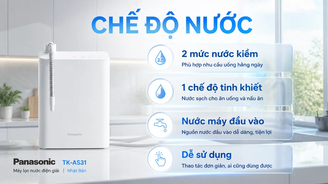 Máy lọc nước ion kiềm Panasonic TK-AS31 13 Các chế độ nước và khả năng lọc phục vụ nhu cầu hằng ngày