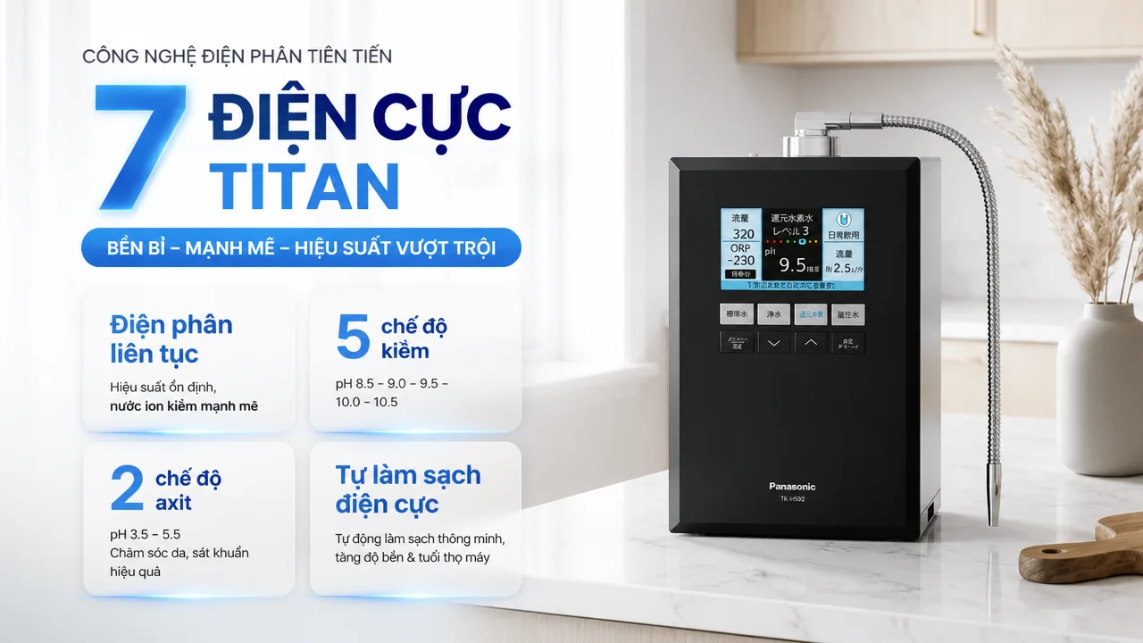 Máy lọc nước ion kiềm Panasonic TK-HS92-S 12 Công nghệ điện phân liên tục với 7 điện cực Titan