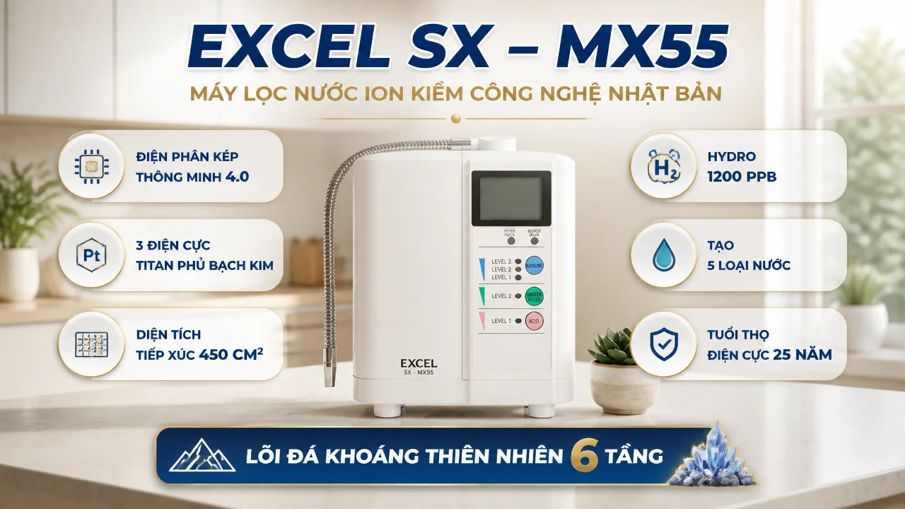 Máy lọc nước ion kiềm EXCEL SX - MX55 17 EXCEL SX - MX55 là sản phẩm đáng để xem xét trong nhóm thiết bị gia dụng chăm sóc nguồn nước