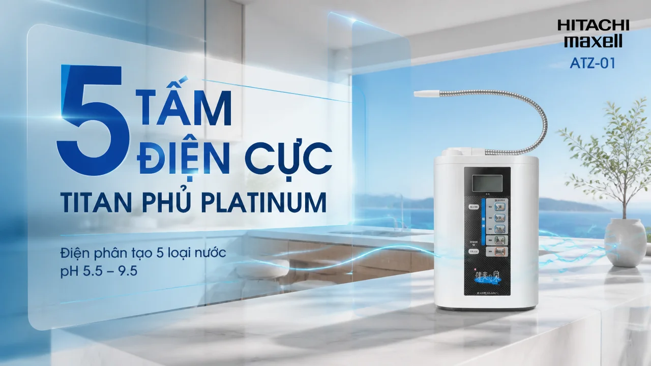 Máy lọc nước ion kiềm Hitachi Maxell ATZ-01 12 Hệ điện cực 5 tấm Titan phủ Platinum kết hợp công nghệ điện phân