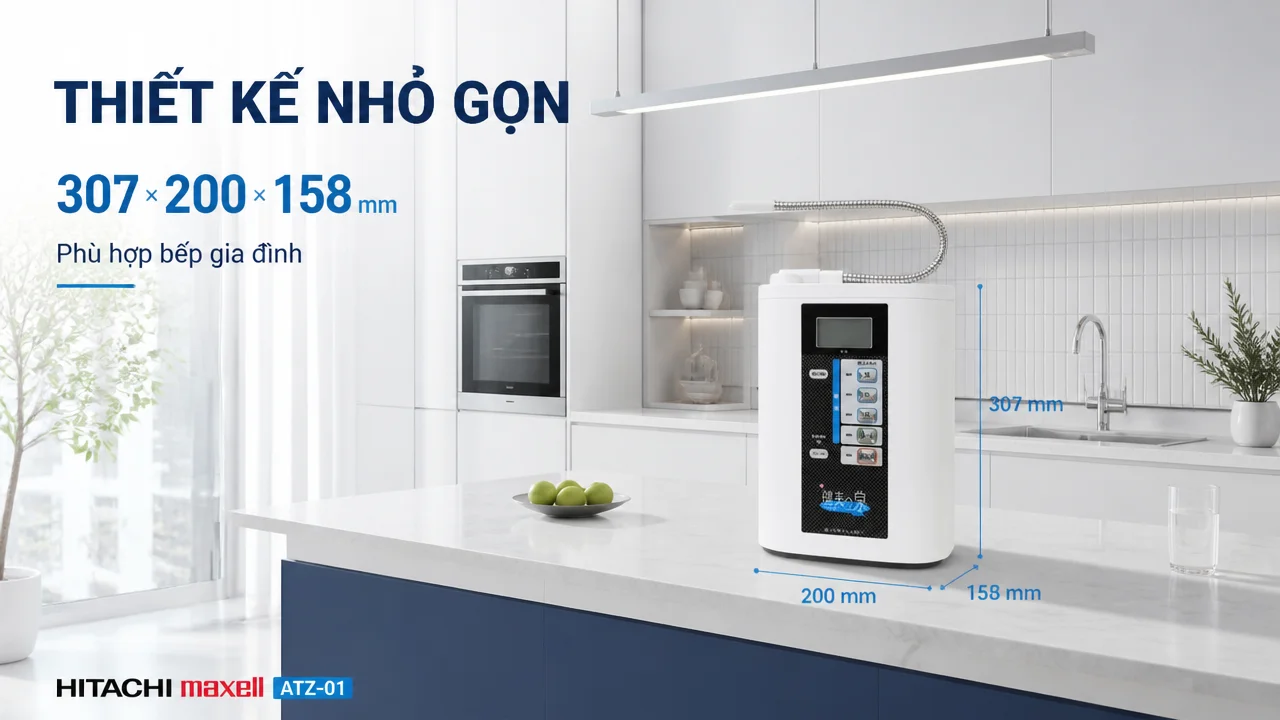 Máy lọc nước ion kiềm Hitachi Maxell ATZ-01 16 Kích thước gọn cho bếp gia đình và khu vực dùng nước hằng ngày