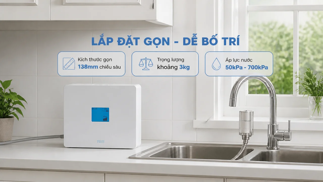 Máy lọc nước ion kiềm TRIM ION NEO 16 Lắp đặt gọn trong bếp, văn phòng và các không gian dùng nước thường xuyên
