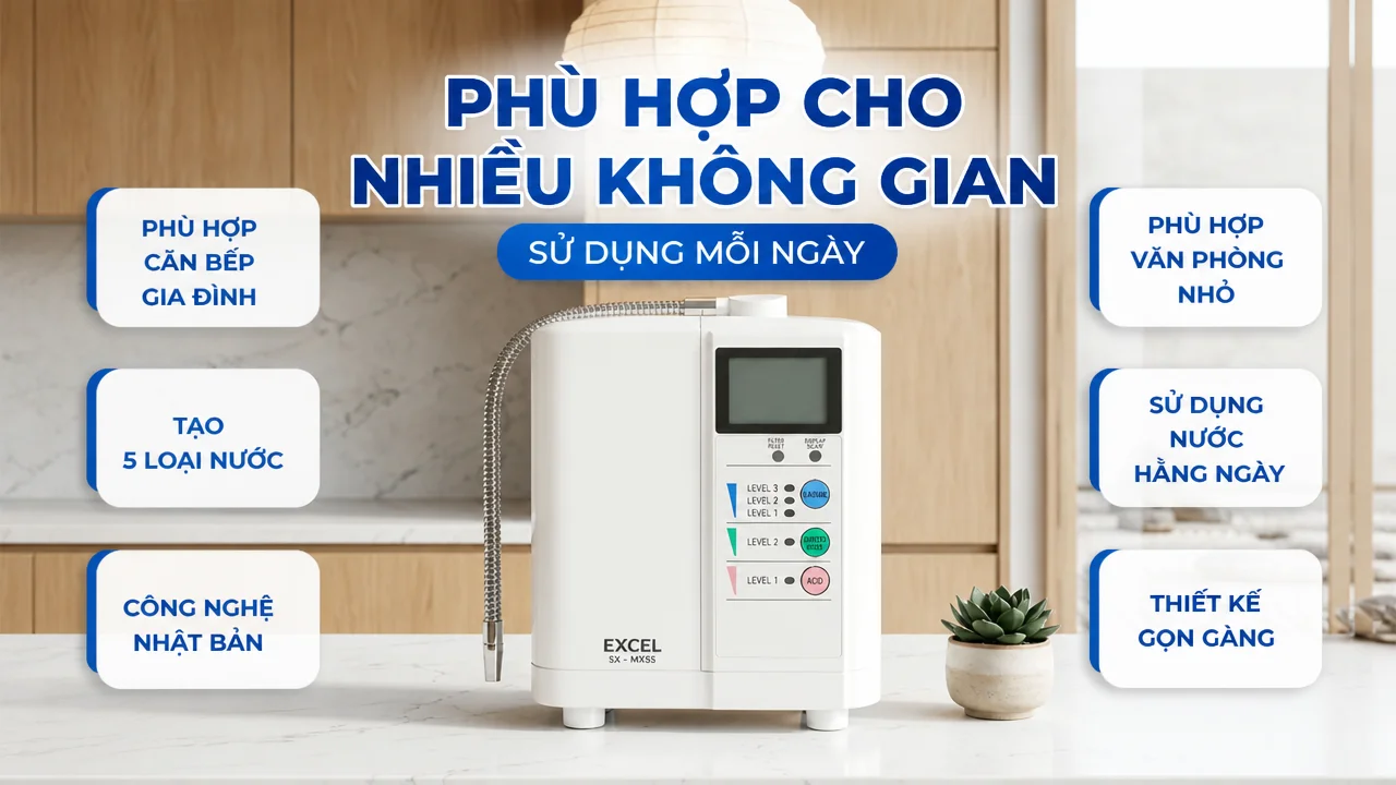 Máy lọc nước ion kiềm EXCEL SX - MX55 16 Phù hợp với gia đình, khu bếp và không gian dùng nước hằng ngày