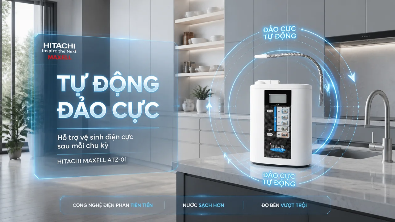 Máy lọc nước ion kiềm Hitachi Maxell ATZ-01 13 Tự động đảo cực giúp hỗ trợ vệ sinh điện cực