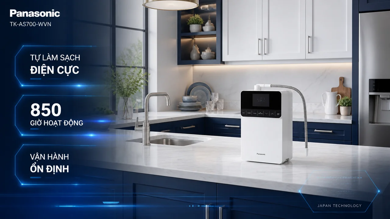 Máy lọc nước ion kiềm Panasonic TK-AS700-WVN 16 Tự làm sạch điện cực, độ bền 850 giờ và điều kiện lắp đặt