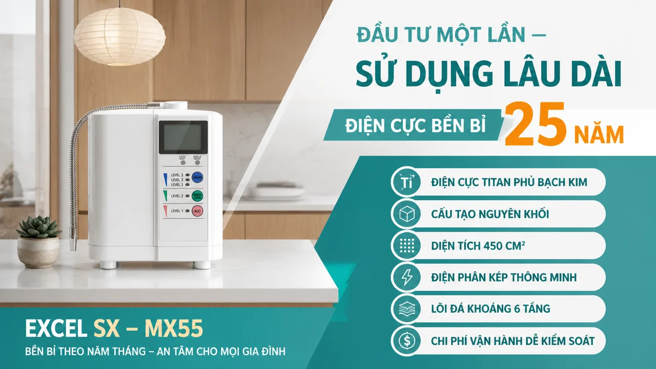 Máy lọc nước ion kiềm EXCEL SX - MX55 15 Với EXCEL SX - MX55, tuổi thọ tấm điện cực 25 năm là thông số nổi bật