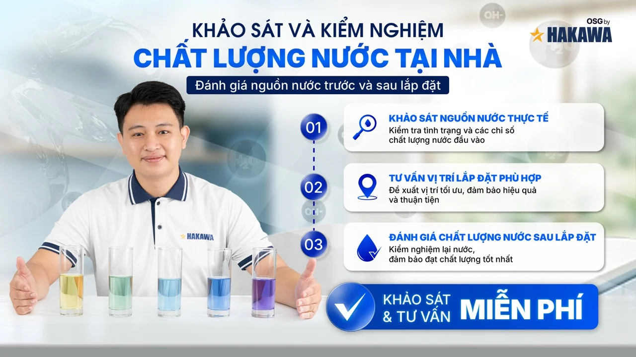 Kết quả kiểm nghiệm máy lọc nước ion kiềm HA-25 trên 26 chỉ tiêu chất lượng nước 8 Chuyên viên kỹ thuật khảo sát và đánh giá chất lượng nguồn nước tại nhà