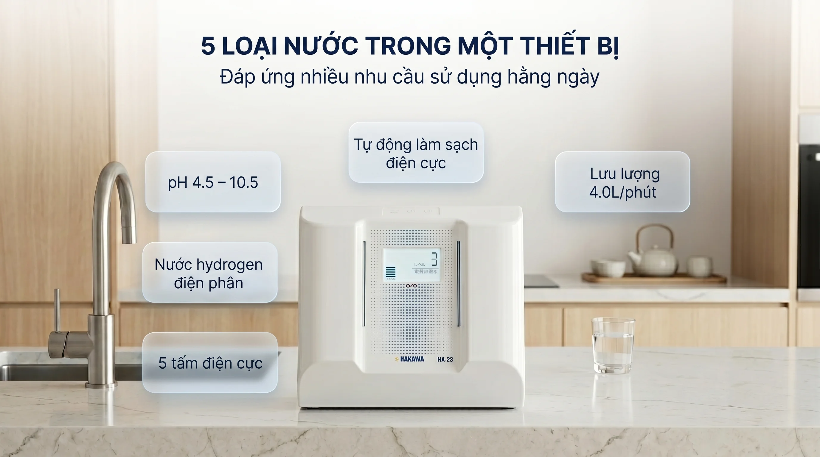 Combo máy lọc nước ion Kiềm HAKAWA HA-23 và máy lọc không khí Airdog X5D 15 Điểm đáng chú ý của HA-23 là khả năng tạo ra 5 loại nước trong dải pH từ 4,5 đến 10,5