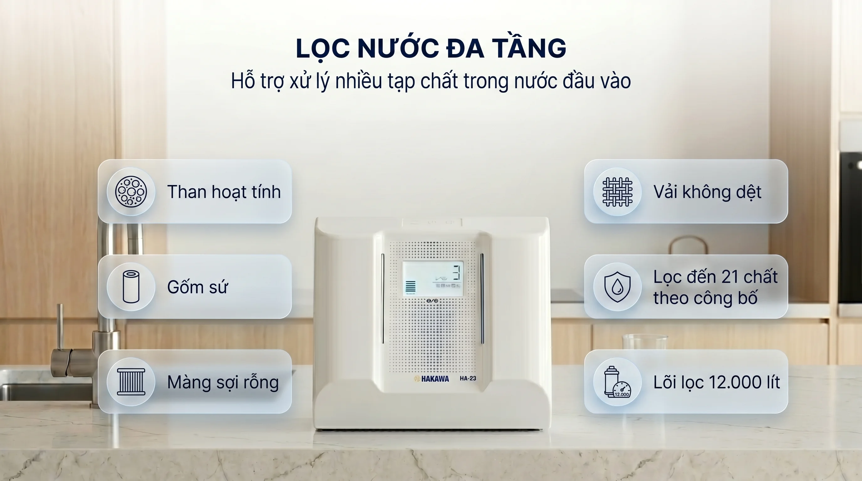 Combo máy lọc nước ion Kiềm HAKAWA HA-23 và máy lọc không khí Airdog X5D 16 HA-23 sử dụng lõi lọc gồm than hoạt tính, gốm sứ, màng sợi rỗng và vải không dệt