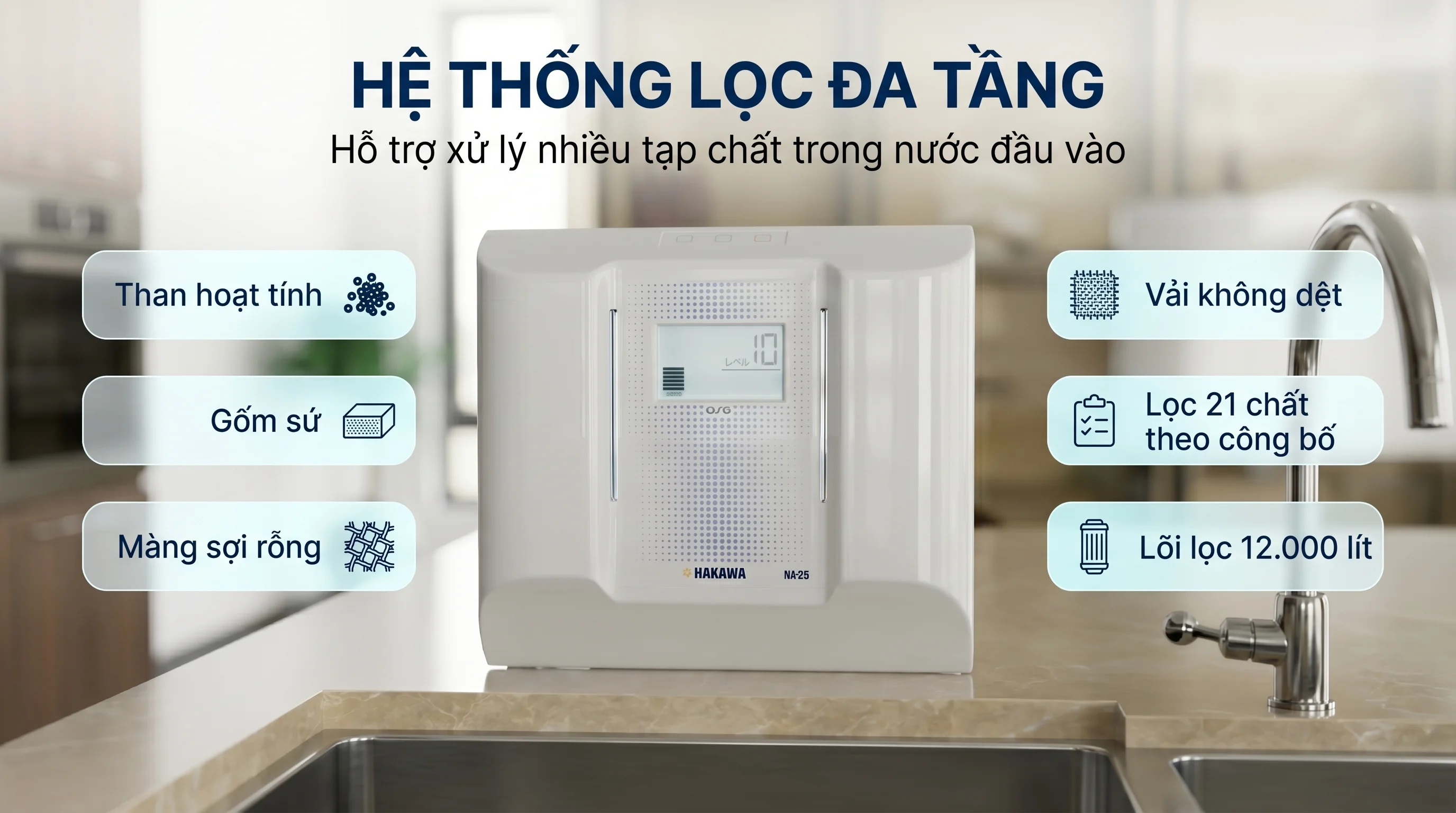 Combo máy lọc nước ion Kiềm Hakawa HA-25 và máy lọc không khí Airdog X8D 13 Hệ thống lọc đa tầng của HA-25