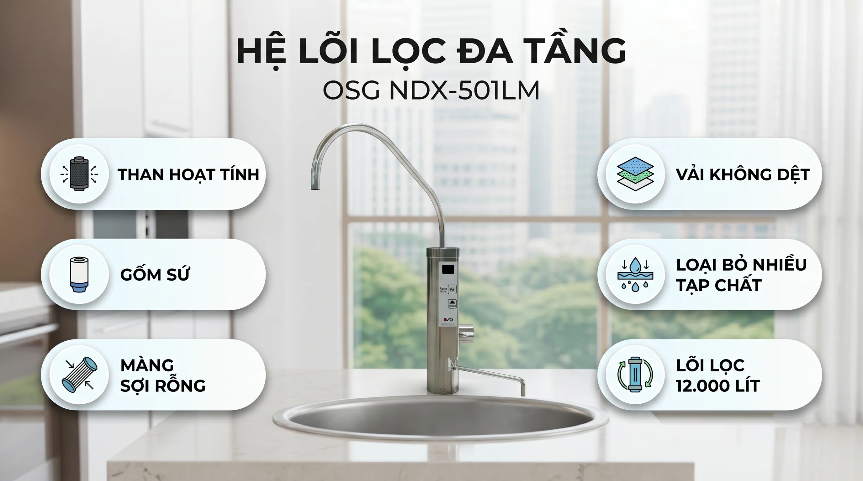 Combo máy lọc nước ion Kiềm OSG NDX-501LM và máy lọc không khí Airdog X5 14 Hệ thống lõi lọc đa tầng thông minh