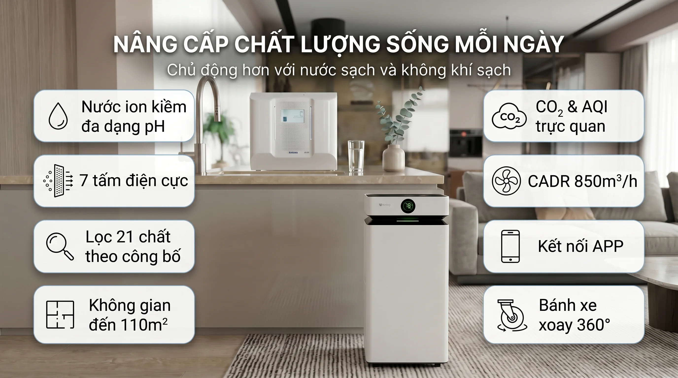 Combo máy lọc nước ion Kiềm Hakawa HA-25 và máy lọc không khí Airdog X8D 16 Nâng cấp đồng thời nước sạch và không khí sạch với combo tiện lợi