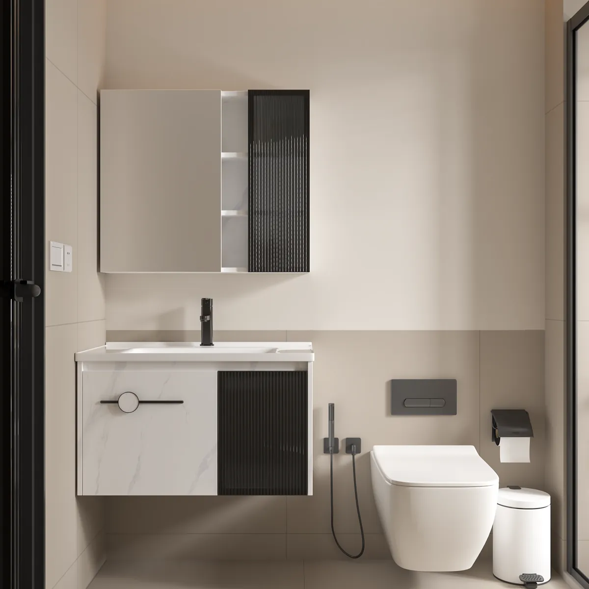 Bộ tủ lavabo kèm tủ gương Hakawa JT-005 màu trắng vân đá 80 cm