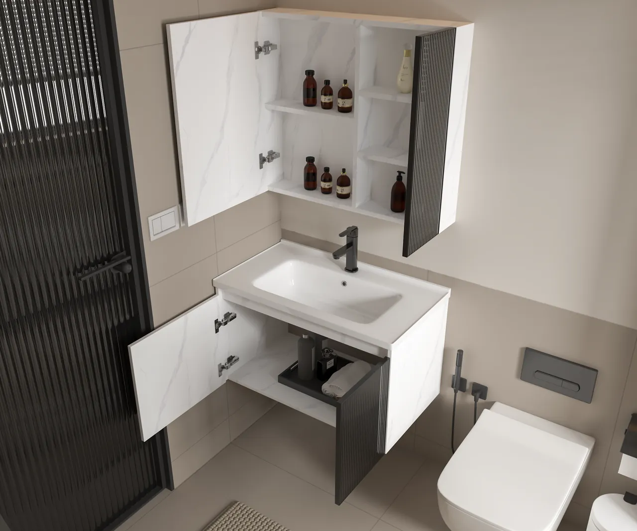 Bộ tủ lavabo kèm tủ gương Hakawa JT-005 15 Tủ gương Hakawa JT-005 với ngăn chứa đồ phía sau gương