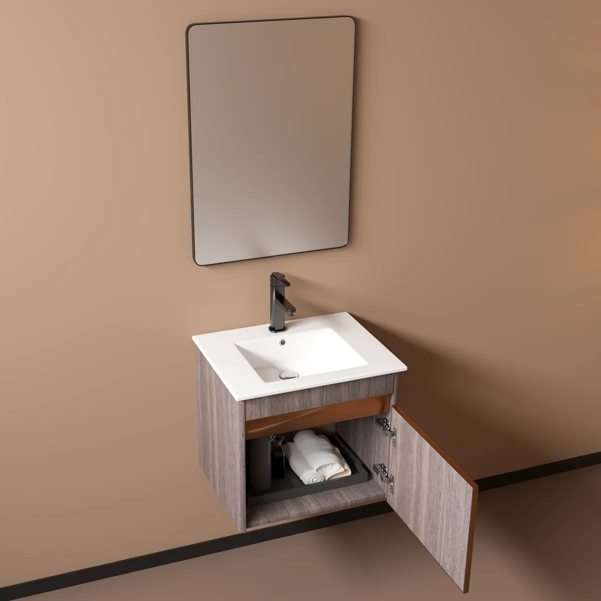 Bộ tủ lavabo kèm tủ gương Hakawa JT-002 10 Tủ lavabo Hakawa JT-002 mở cánh, màu ghi đá vân mây